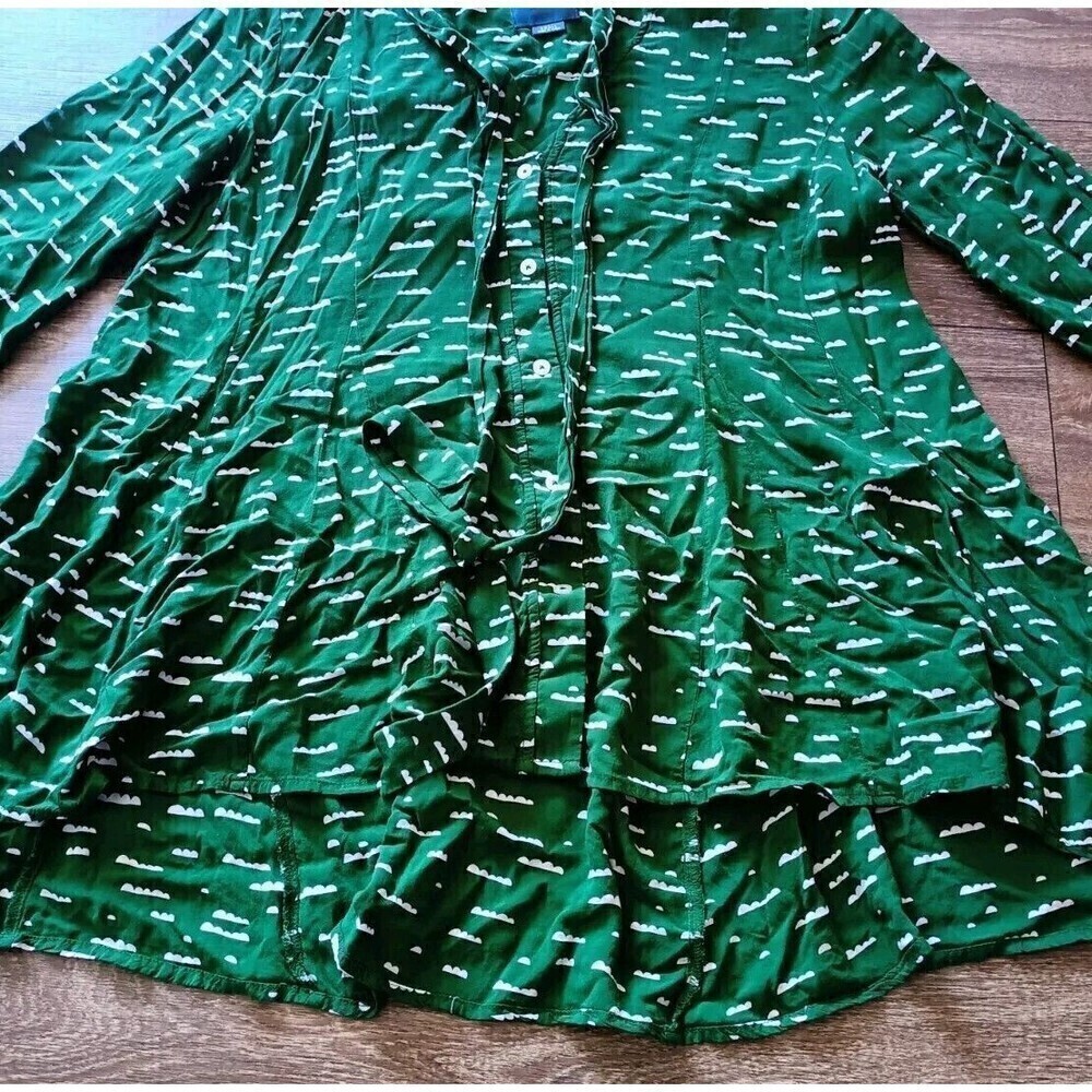 Maeve Anthropologie Blouse Size Small Green Cloud Print  Button Up Tie Oversized - Picture 7 of 9
